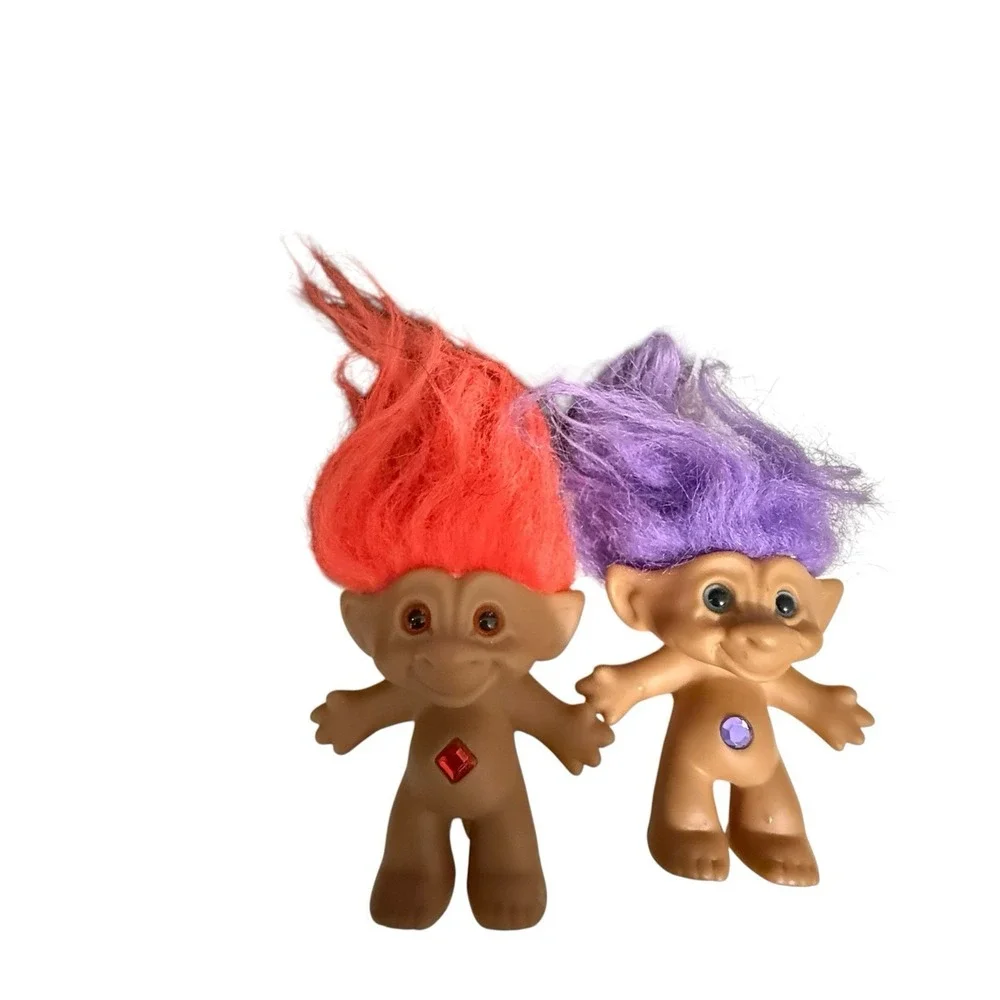 Vintage Ace Novelty Treasure Troll Dolls Set of 2 Red Purple Hair Belly Gems 90s